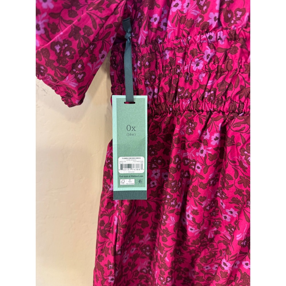 Terra & Sky Mini Cinched Dress Women 0X Dark Azalea Floral Smocked Pockets NEW - Picture 7 of 11